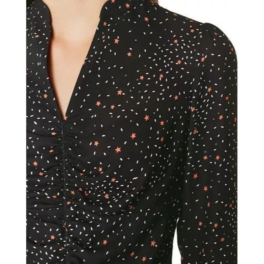 Karen Millen  Star Print Ruched Front Blouse Black Puff Sleeve Size 4 Back Zip